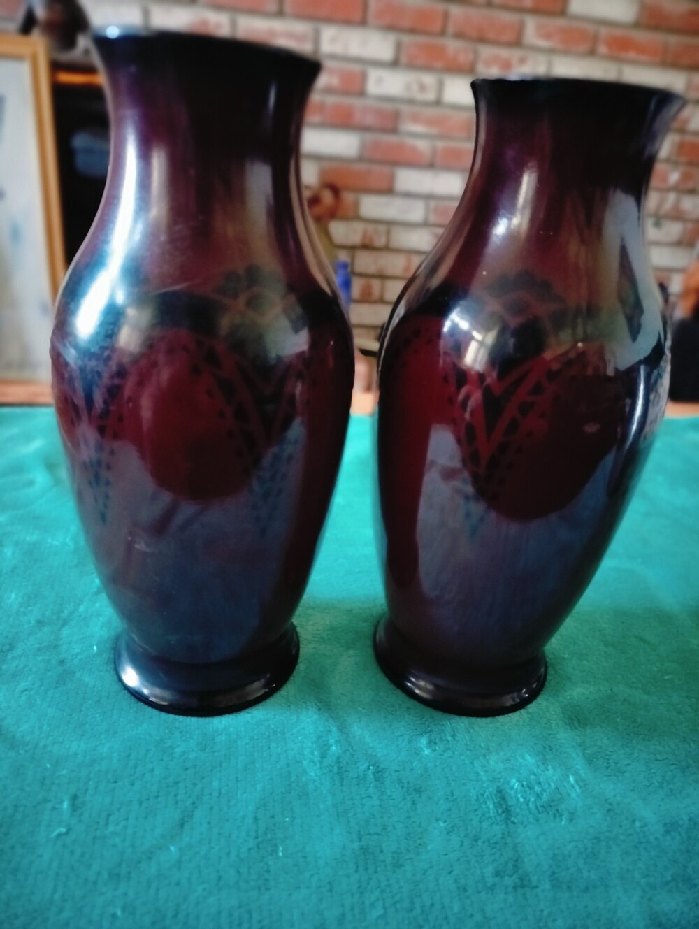 Vintage Pair Art Deco Arta Sigg Swiss Aluminum Vases - Bordeaux Red & Black...